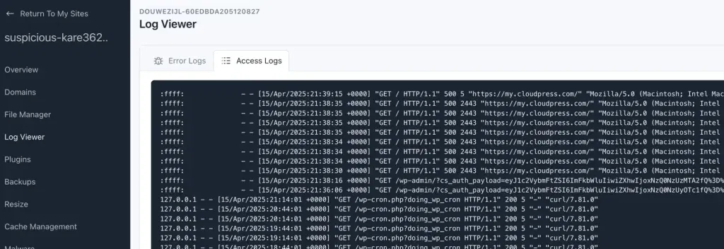 Logviewer showing access logs